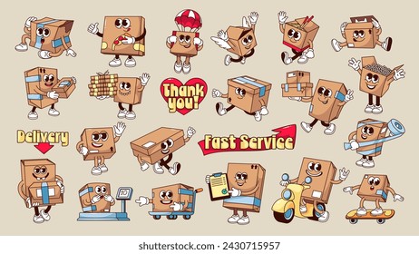 Groovy delivery service cartoon stickers set. Funny retro cardboard box walking to deliver gift parcels, cartoon mascots and fast delivery patches with text in 70s 80s style vector illustration