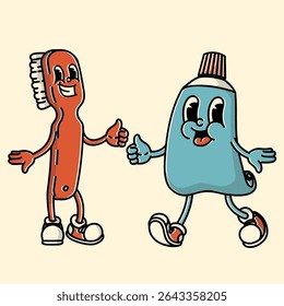 Groovy dental mascot duo - toothbrush and toothpaste in vibrant retro style. Perfect for clinics and oral care branding