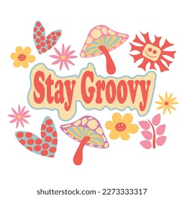 Groovy Design typography mushrooms flowers illustration in vibrant orange pink purple colors for posters, cards, banners and wall. 1970 funny groovy characters trendy psychedelic tipsy background