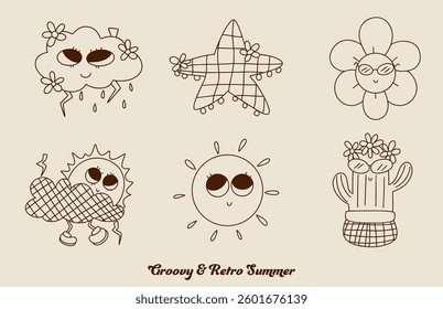 A Groovy designs capture essence of retro summer with playful elements like smiling sun, cheerful flowers, and whimsical clouds, evoking sense of joy and nostalgia
