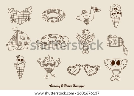 A Groovy designs evoke retro summer vibe with playful illustrations of ice cream, duck, and fun accessories that bring joy and nostalgia to any setting