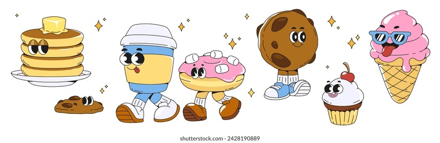 Groovy dessert characters set isolated on white background. Vector cartoon illustration of retro restaurant mascots, sweet food, pancake, chocolate cookie, donut, ice cream, muffin, coffee cup smiling