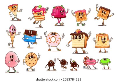 Groovy desserts and bakery characters, vector pastries and sweet food. Cartoon retro cakes, chocolate cookie, candies and bar, donut, waffles, ice cream personages. Funny groovy macarons and crepes