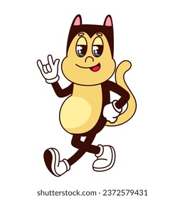 Groovy devil cat character with horns gesture vector illustration. Cartoon isolated retro sticker with walking animal, cat with fan sign of rock and heavy metal music, pet mascot with funny funky face