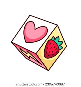 Groovy dice vector illustration. Cartoon isolated retro fun board game sticker, toy cube with pink heart, strawberry and lightning on sides, funny dice mascot of lucky chance, fortune and risk