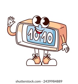 Groovy digital alarm clock cartoon character with friendly gesture. Funny retro clock waving to say Hello, morning wakeup call mascot, cartoon reminder sticker of 70s 80s style vector illustration