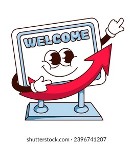 Groovy digital device character with arrow up vector illustration. Cartoon isolated retro sticker of curve red arrow growth on display with Welcome text, business success and information graph mascot