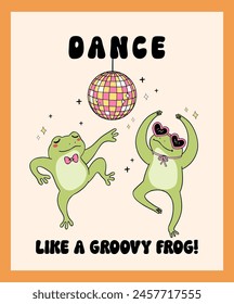 Groovy Disco Frog Dancing with disco ball Trendy Retro Minimal drawing