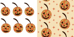Groovy Disco Halloween Pumpkin Seamless Pattern With A Set Of 6 Disco Pumpkins. For Halloween Retro 70s Party Posters, Backgrounds, Decoration And Textile 