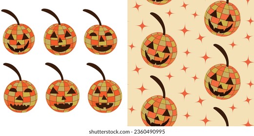 Groovy disco Halloween Pumpkin sin costuras con un conjunto de 6 calabazas disco. Para los afiches de fiesta de los años 70 retro de Halloween, antecedentes, decoración y textiles 