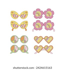 Groovy disco hippie retro sunglasses heart flower peace sign shape vector illustration set isolated on white. 60s 70s 80s hippy retro party fashion shades eyewear print collection.