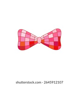 Groovy disco mirror ball pink bow. Retro funky mirror disco ribbon isolated on white background. Vector illustration disco print for poster, postcard design etc. 