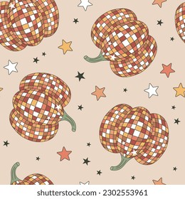 Groovy disco pumpkin vector seamless pattern. Retro Thanksgiving day background. Autumn fall surface design for textile, scrapbook, card making 