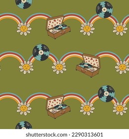 Groovy disco seamless pattern set. Music 70's - 90's. Retro wallpaper. 