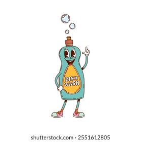 Groovy dish wash bottle household character. Cartoon vector liquid for cleaning and washing. Isolated retro personage with smile and finger up gesture. Friendly detergent container ready for chores