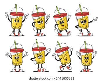 Groovy Disposable Cup Whimsical Character Animation Set. Vector Vibrant, Retro-inspired, Smiling Mug With Lemonade