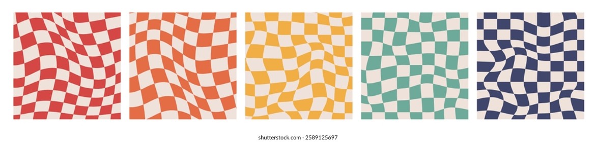 Groovy Distorted Checkered Background. Retro Twisted Trendy Waves Trippy Grid. Isolated Hand drawn Square templates collection. Hippie aesthetic psychedelic 1970s style