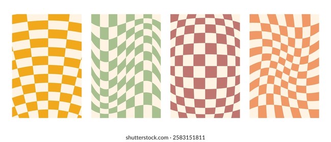 Groovy distorted checkered background set. Hand drawn groovy, hippie backgrounds. Distorted checker, warped streaks, fluid liquid wavy lines, doodle waves. Checkered rectangle templates collection.