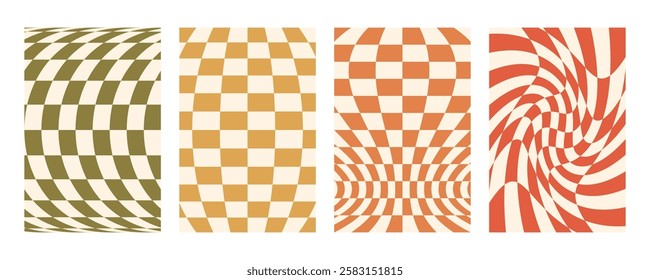 Groovy distorted checkered background set. Hand drawn groovy, hippie backgrounds. Distorted checker, warped streaks, fluid liquid wavy lines, doodle waves. Checkered rectangle templates collection.