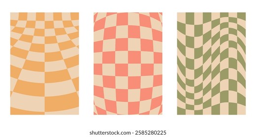 Groovy distorted checkered background set. hippie groovy background drawing. Collection of patterns Distorted checkered, checkered rectangles