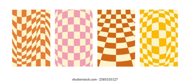 Groovy distorted checkered background set. Hand drawn groovy, hippie backgrounds. Distorted checker, warped streaks, fluid liquid wavy lines, doodle waves. Checkered rectangle templates collection.