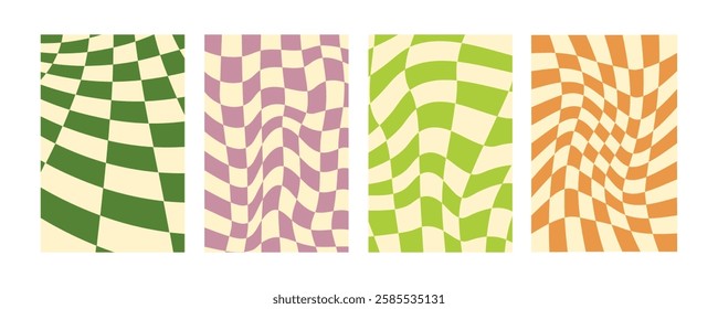 Groovy distorted checkered background set. Hand drawn groovy, hippie backgrounds. Distorted checker, warped streaks, fluid liquid wavy lines, doodle waves. Checkered rectangle templates collection.