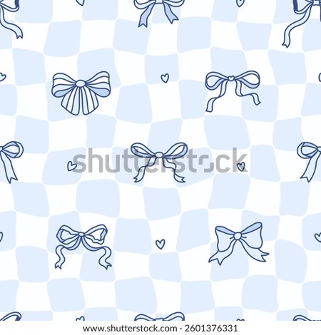 Groovy distorted chessboard background with coquette bow knots, heart. Trippy grid background with charming blue ribbon bows. Vintage illustration