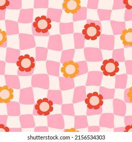 Groovy Distorted Chessboard Background With Pink Check And Flowers Daisy. Trippy Grid Seamless Pattern. Retro Style 60s 70s. Vector Illustration.