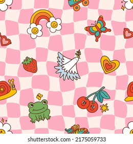 Groovy distorted chessboard background with pink check. Seamless pattern with rainbow, bird of peace, snail, frog, butterfly and other elements. Retro hippie style 60s 70s. Vector illustration.