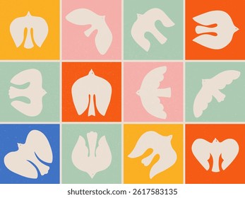 Groovy distorted chessboard background with pink check. Seamless pattern with rainbow, bird of peace, snail, frog, butterfly and other elements. Retro hippie style 60s 70s. Vector illustration.