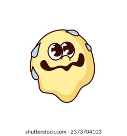 Groovy distorted emoji in fear vector illustration. Cartoon isolated retro psychedelic emoticon with yellow frightened circle face and drops of sweat from horror, crazy worried emoji for Halloween