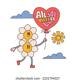 Groovy distorted funny flower character t-shirt print design. Vector retro vintage cartoon daisy mascot. Funny 60s hippie camomile with balloon All you need is love. Vector contour illustration.