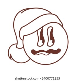 Groovy distorted monochrome smile emoji in Santa hat vector illustration. Cartoon isolated psychedelic retro sticker with funky trippy face for Christmas party, smile emoticon crazy comic expression