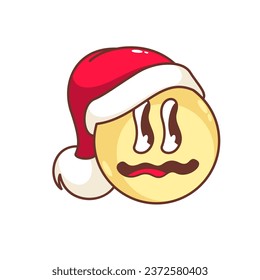 Groovy distorted smile emoji in Santa hat vector illustration. Cartoon isolated psychedelic retro sticker with funky trippy face for Christmas party, smile emoticon with crazy comic expression