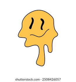 Groovy distorted smiley face, funny crazy emoji melting with drips vector illustration