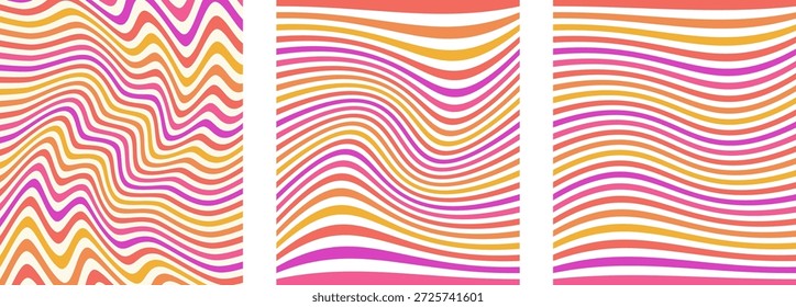 Groovy Distorted Stripes, fundo de vetor ácido, textura geométrica abstrata, conjunto de 3 fundos de pôster retro, cores amarelas rosa e laranja