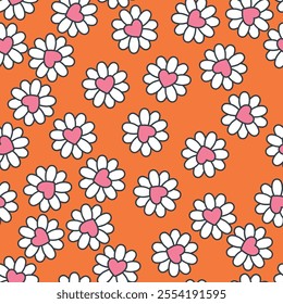 Groovy ditsy background. Valentine day cheerful seamless pattern. Vector floral wallpaper with flowers and hearts. Botanical print for fabric, paper, kids clothes and accessories