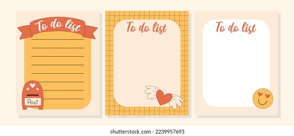 Groovy To Do List Template Set .Collection Checklist, trendy planner or organization. Vector illustration in retro style.