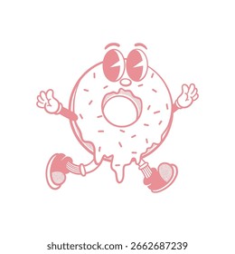 Groovy donut breakfast character in retro cartoon. Mascot, vector, icon, colection, sticker, vintage, illustration, set, funny, logo, comic, vintage, line art, logo, coloring book