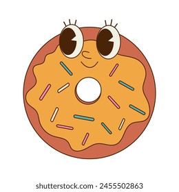 Groovy donut cartoon character. Retro sticker in 70s 80s style. Perfect for cafe, bakery, delivery