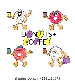 Groovy Donut Character in Cartoon Doodle Style with Coffee Cup. Vector Illustration of Retro Comic Doughnuts. Funny Poster Design for Cafe, Restaurant and Coffee Houses