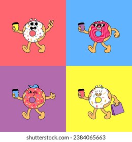 Groovy Donut Character with Coffee Cup in Cartoon Doodle Style. Vector Illustration of Comic Doughnuts Mascots in in Cartoon Doodle Style. Funny Poster Design for Cafe, Restaurant and Coffee Houses.