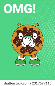 Groovy donut character in retro style on green background. Omg concept illustration for card, poster, banner, flyer,  print. Vector