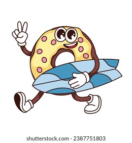 Groovy donut character with surfboard vector illustration. Cartoon isolated doughnut walking surfing, sweet food mascot with candy icing and peace hippie gesture, happy donut surfer with arms and legs