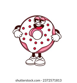 Groovy donut character vector illustration. Cartoon isolated retro sticker of happy kawaii round doughnut with funny trippy face and sweet candy icing, cute dessert mascot of donut with arms and legs