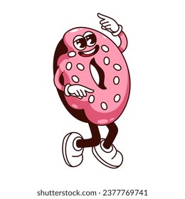 Groovy donut character vector illustration. Cartoon isolated retro sweet food sticker, doughnut mascot with arms and legs walking or dancing, donut with candy and chocolate, dessert for coffee