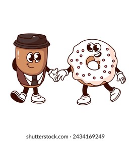 Groovy donut y taza de café personajes de dibujos animados bailan. Divertido retro caliente mañana bebida y postre baile, pareja de citas mascota, dibujos animados amor baile etiqueta engomada de los años 70 80 estilo ilustración vectorial