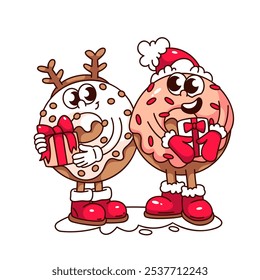 Groovy Donuts Cartoon-Figuren mit Weihnachts-Geschenkboxen. Lustige Retro süße Freunde Geschenke geben. Weihnachtsfeier, Dessert Maskottchen, Cartoon Donuts Aufkleber der 70er 80er Jahre Stil Vektorgrafik