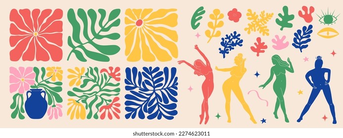 Groovy doodle and abstract art poster set. Matisse random organic shapes and female silhouettes in trendy retro 60s 70s style.