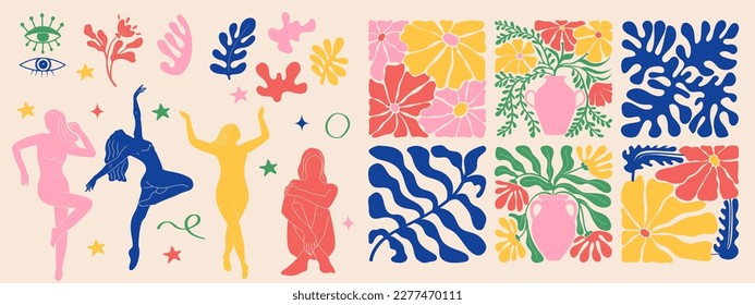 Groovy doodle and abstract art poster set. Matisse random organic shapes and female silhouettes in trendy retro 60s 70s style.